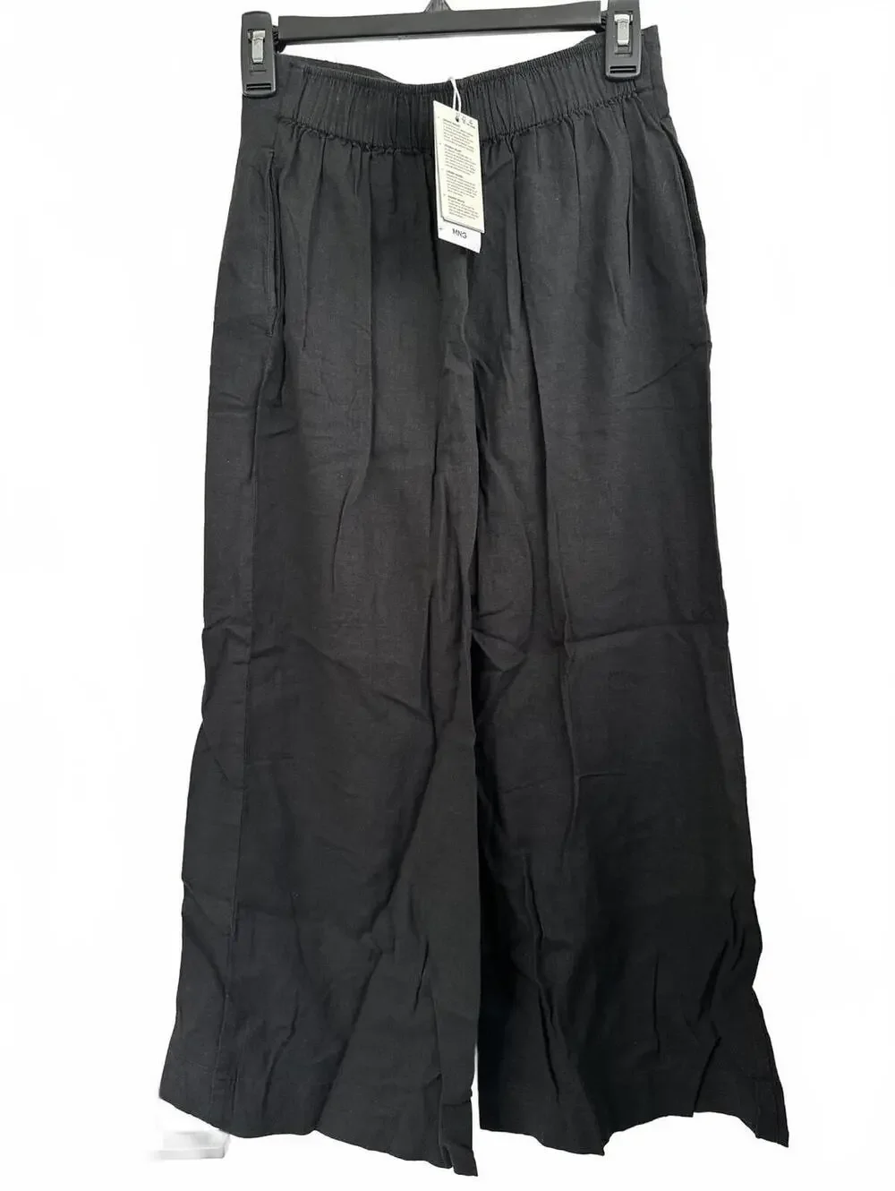 Mango Linen Blend Cropped Wide Leg Linen Pants NWT Black Size XS